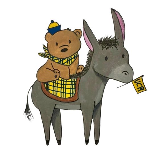 First place sticker design titled "An Unlikely Friendship" by Joseph Govea. Scotty the bear, wearing a yellow plaid blanket and blue cap, sits atop a grey donkey who holds a small UCR pennant in its mouth.