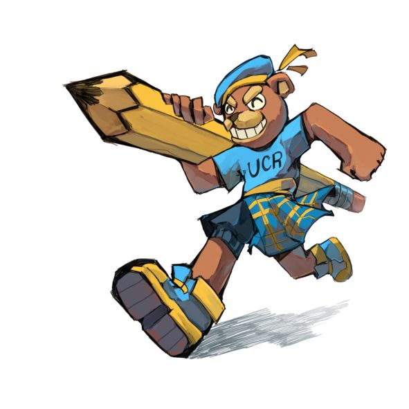 Second place and SCUA's Choice sticker design titled "Forward" by Susanna. A cartoon bear wearing a UCR shirt, plaid shorts, and blue and gold sneakers sprints forward while wielding an oversized pencil like a weapon.