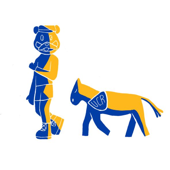 Third place and Student's Choice sticker design titled "Onward" by Erika Diaz. A bold two-color graphic in UCR blue and gold depicts Scotty the bear walking alongside a donkey wearing a UCR blanket, rendered in a flat, geometric illustration style.