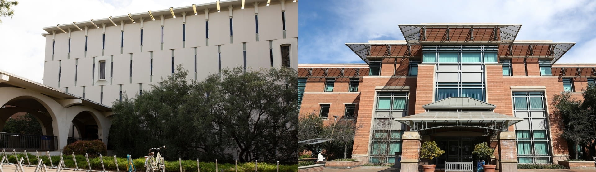 Split view showing the cream-colored facade and arched walkways of Rivera Library on the left, smoothly blending into the red brick and glass exterior of Orbach Science Library on the right.