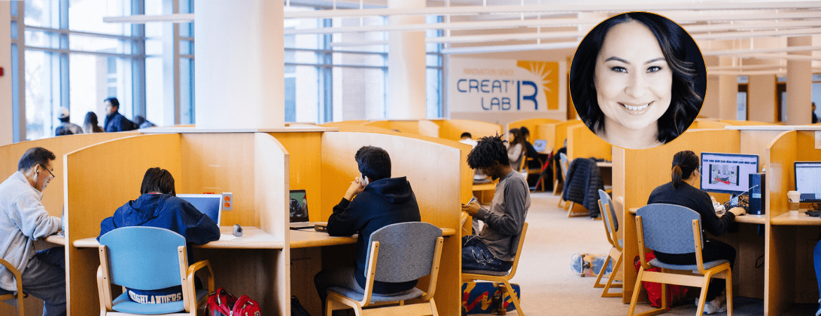 Image of students in the library with Shannon Castro image on top