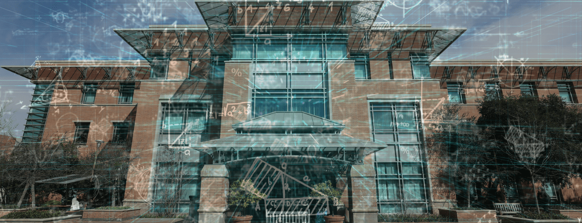 Image of Orbach Library with an transparent overlay of math equations.