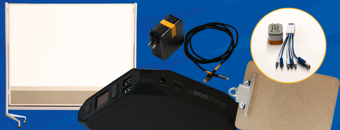 A collage of tech and office equipment available for loan against a blue background. Featured items include an Omnicharge portable power bank, a wall charger, a coiled USB-C cable, a multi-tip charging cable highlighted in a yellow circle, a mobile rolling whiteboard, and a clipboard