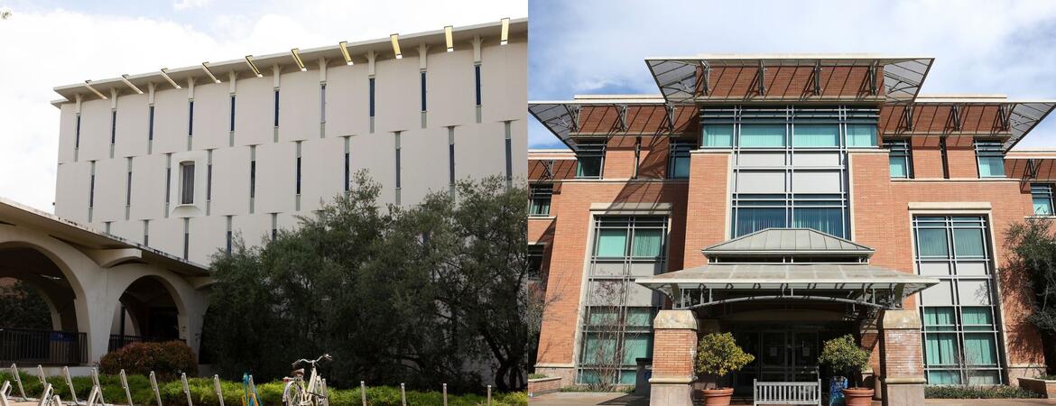 Rivera Librayr pictures from outside on the left and Orbach Library pictures from outside on the right.
