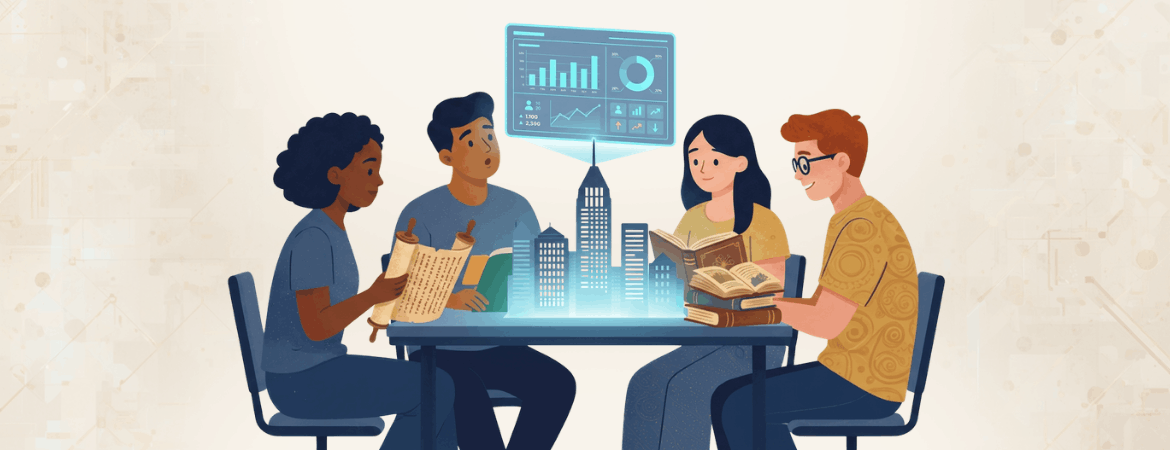 Four diverse students sit around a table with books and a parchment scroll, looking at a glowing blue holographic city rising from the center beneath a floating data dashboard with charts and graphs.