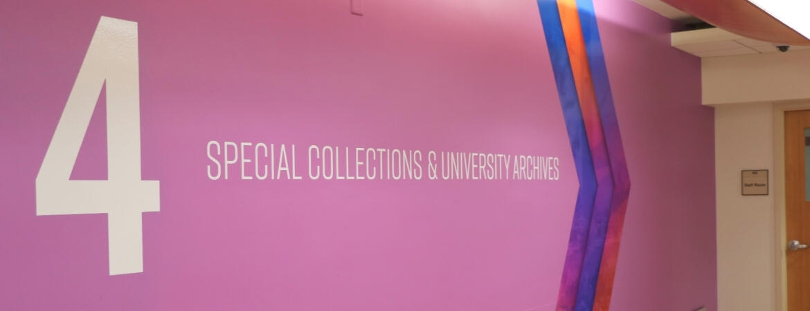 Large white number 4 and text reading "SPECIAL COLLECTIONS & UNIVERSITY ARCHIVES" on a bright purple wall with diagonal blue and orange chevron accents.