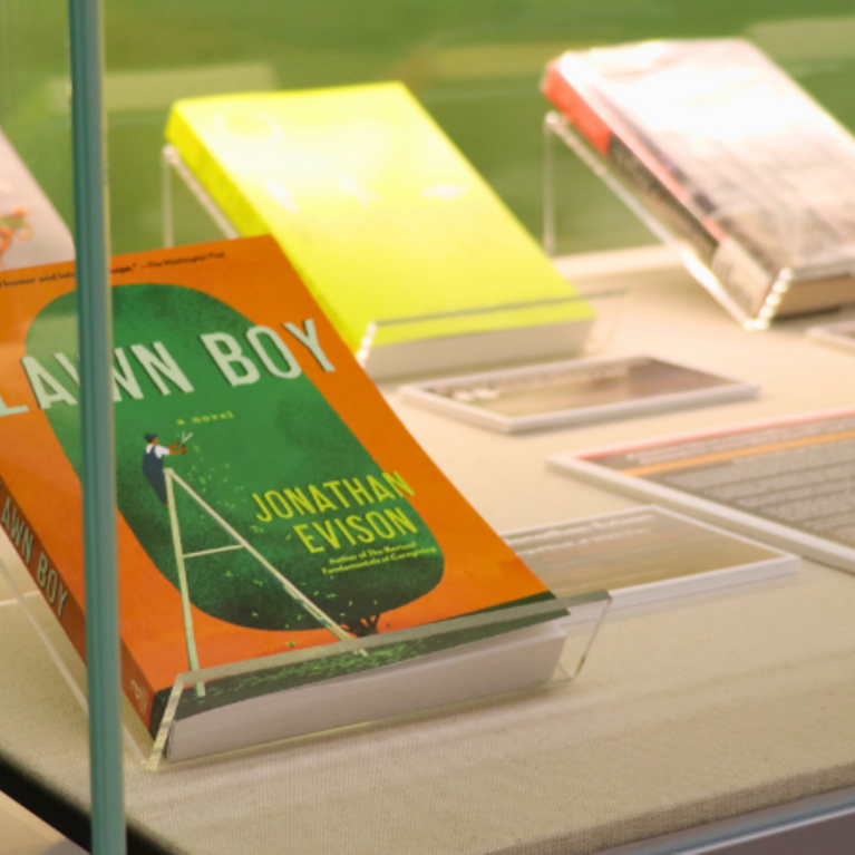 Image of a case for the Pop-Up Exhibit Banned Books Unleashed. 