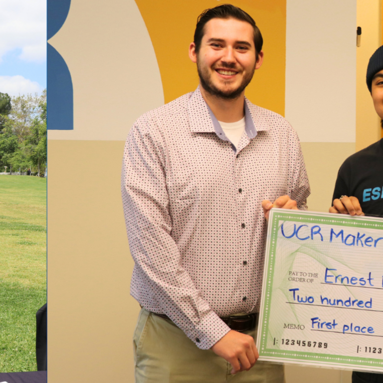L: Image of student with pediatric harness. R: image of student with UCR staff and a check 