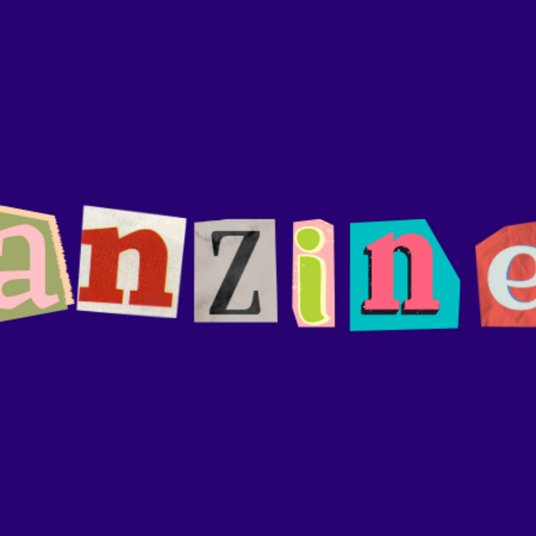 Magazine cut out letters that spell out fanzines against a purple background