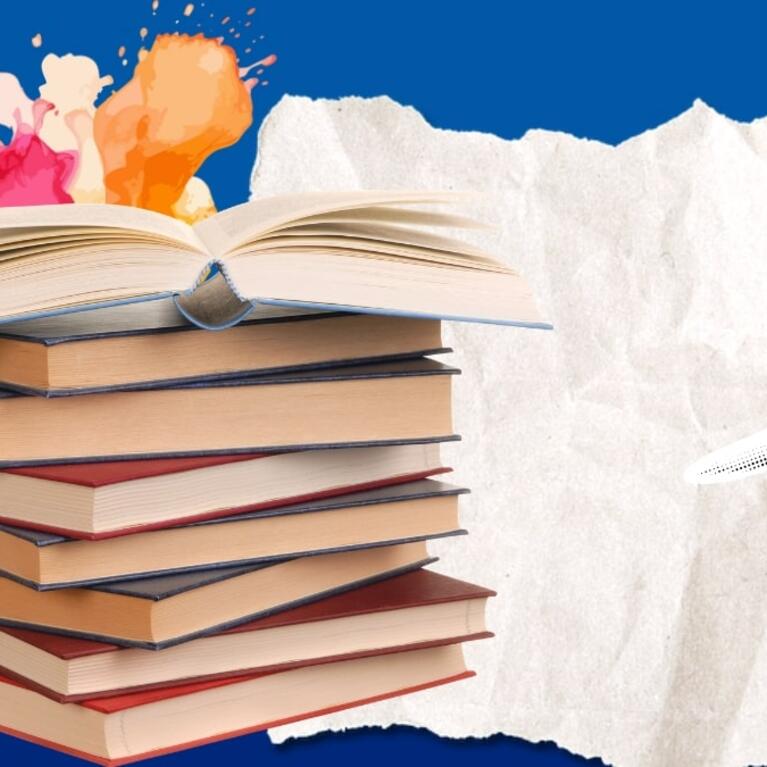 Image of paint and pallet, books, paper, and hand with a pen in it