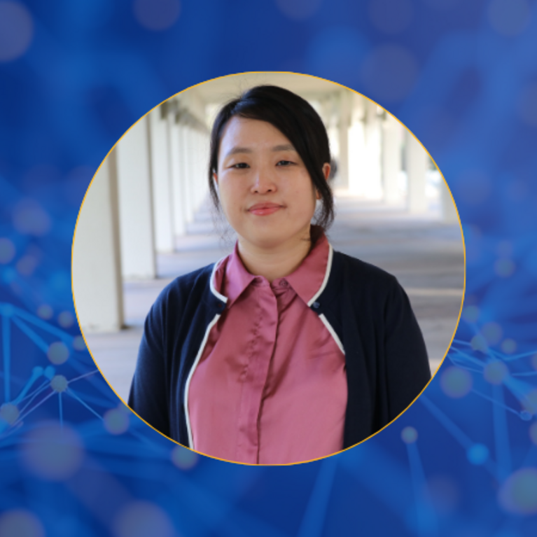 Portrait of Inyoung Shin, AI Research Librarian, wearing a pink collared shirt and black cardigan against a blue background with network connection graphics
