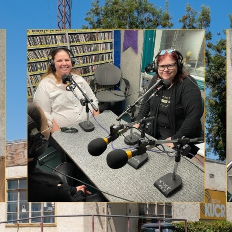 Three-panel photo of The Reference Desk podcast recording at KUCR radio station, showing podcast guests and hosts at microphones in broadcast booths. Image of KUCR studios from the outside is the background.