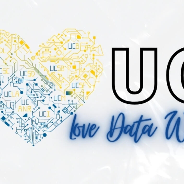 UC Love Data Week logo featuring a heart made of circuit board patterns in blue and gold with UC campus acronyms alongside the text "UC love Data Week" in blue and black.