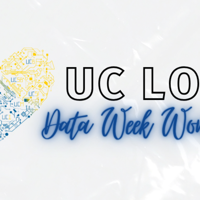 A banner for "UC Love Data Week Workshops." To the left is a heart-shaped graphic designed like a blue and gold circuit board. Embedded within the circuitry are the acronyms for various University of California campuses and divisions, including UCLA, UCB, UCSD, UCD, UCI, UCSC, UCSB, UCM, UCR, UCSF, CDL, and ANR. The text "UC LOVE" is in bold, outlined block letters, with "Data Week Workshops" written below in a blue cursive script