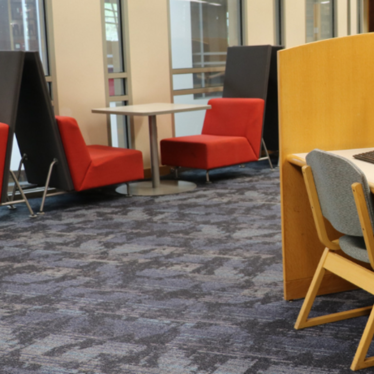 A quiet, modern study area inside the Orbach Library, featuring rows of light-wood computer carrels with keyboards and monitors. To the left, there is a casual seating area with bright red chairs and tall privacy screens set against large windows, all atop a blue patterned carpet.