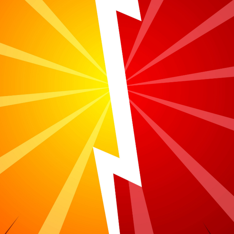 Bold comic book-style graphic with radial speed lines in orange and red, split by a white lightning bolt down the center.
