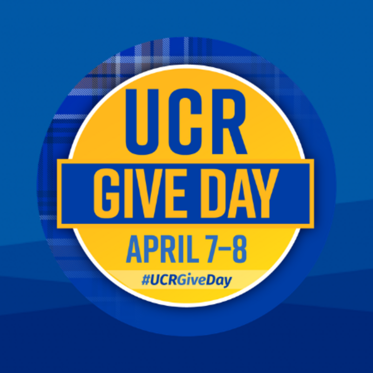 Blue and gold graphic for UCR Give Day, April 7–8, featuring a plaid circular emblem and the hashtag #UCRGiveDay.