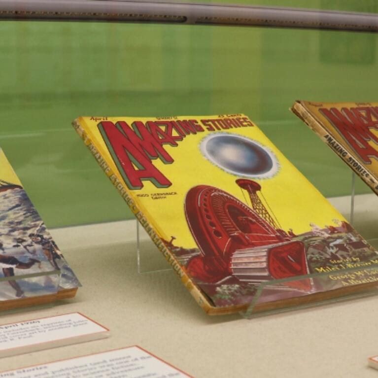 one of two exhibit cases that are featured in the Amazing Stories exhibit in Rivera Library. Various magazines our featured.