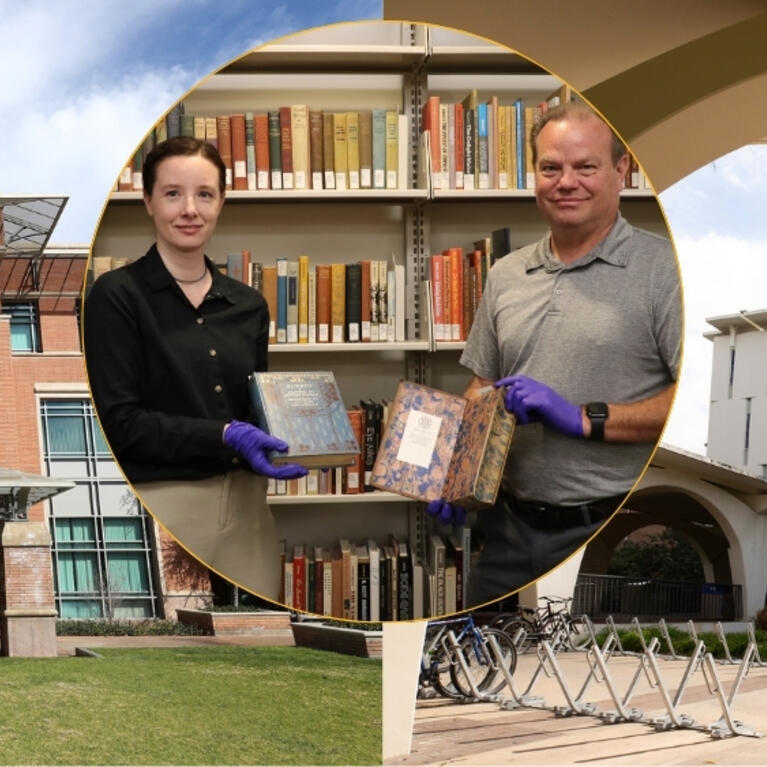 A horizontal banner image featuring three panels. On the left, the red brick exterior of the Orbach Science Library. On the right, the modern white architectural facade of the Rivera Library. In the center, a highlighted inset shows UCR Library’s Christina Bean and EH&S’s Mark Atwood standing in the library stacks. Both are wearing purple nitrile gloves and holding open Victorian-era books with decorative bindings to demonstrate safe handling procedures.
