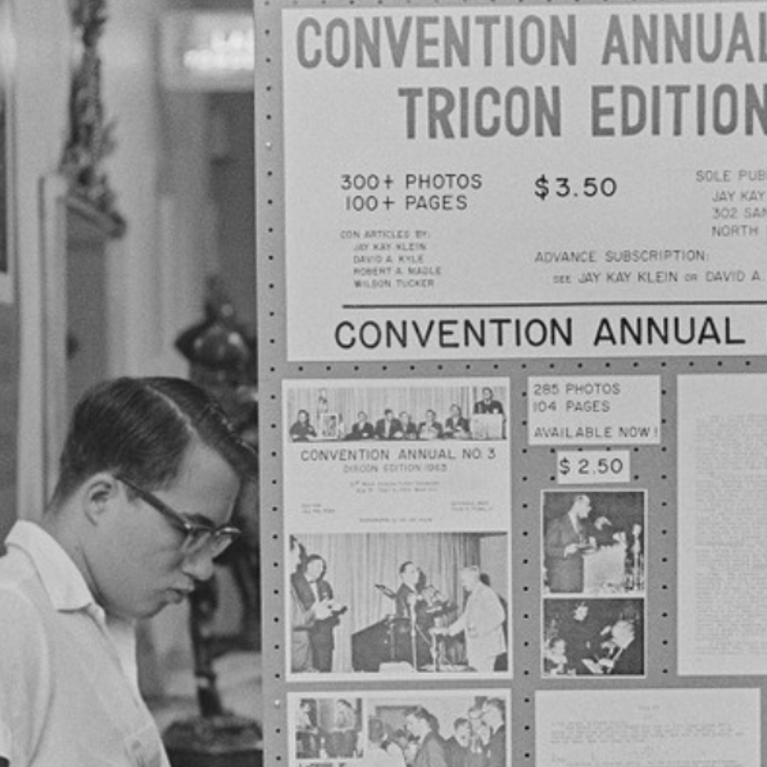 A black-and-white photograph from the Jay Kay Klein collection showing a science fiction convention attendee standing next to a large display board. The board advertises "Convention Annual No. 4: Tricon Edition" for $3.50, featuring 300+ photos and 100+ pages. In the background, a poster reads "Join the Space Age! Go! Go! Go! with Star Trek Kick-Off," dated Thursday, Sept. 8.