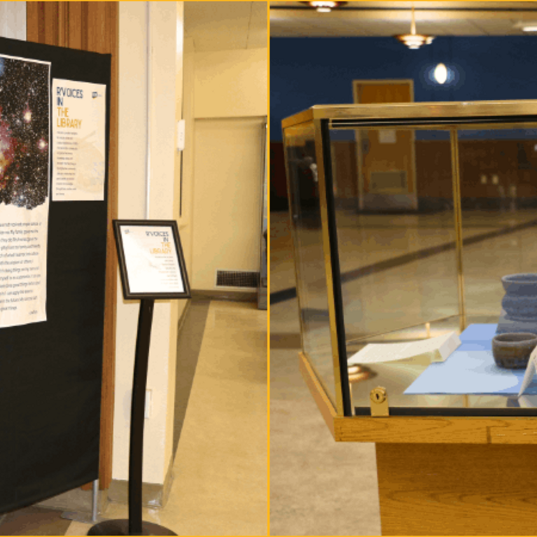 A composite image showcasing the "R'Voices in the Library" rotating exhibit at UCR. The left side shows a black fabric display pillar featuring student artwork and a large narrative poster with space-themed imagery. The right side features a glass display case containing ceramic pottery and a framed sign inviting students to share their stories for future submissions.