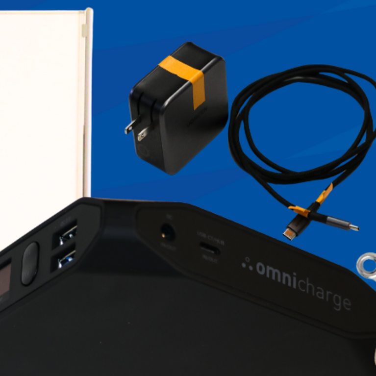 A collage of tech and office equipment available for loan against a blue background. Featured items include an Omnicharge portable power bank, a wall charger, a coiled USB-C cable, a multi-tip charging cable highlighted in a yellow circle, a mobile rolling whiteboard, and a clipboard