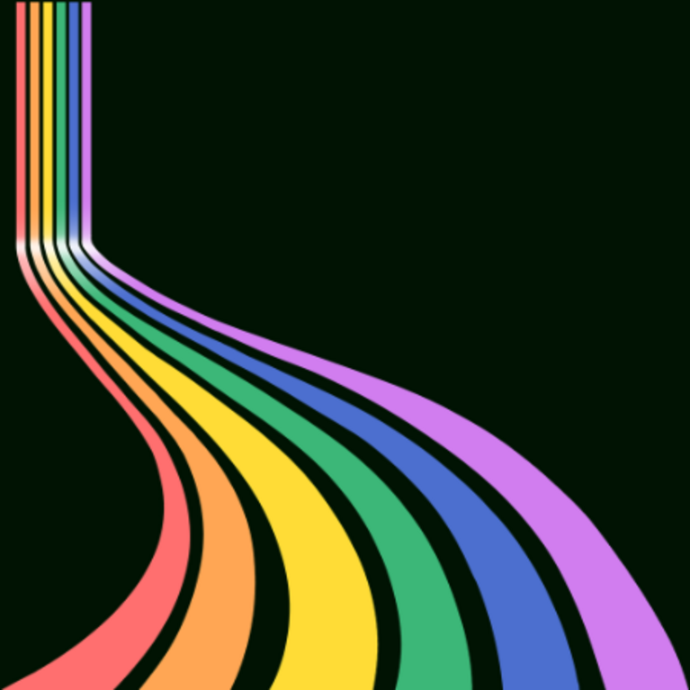 Black background with a rainbow colors forming a road. 