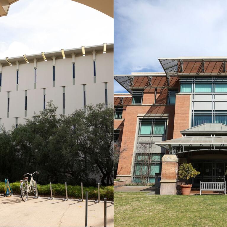Rivera Librayr pictures from outside on the left and Orbach Library pictures from outside on the right.