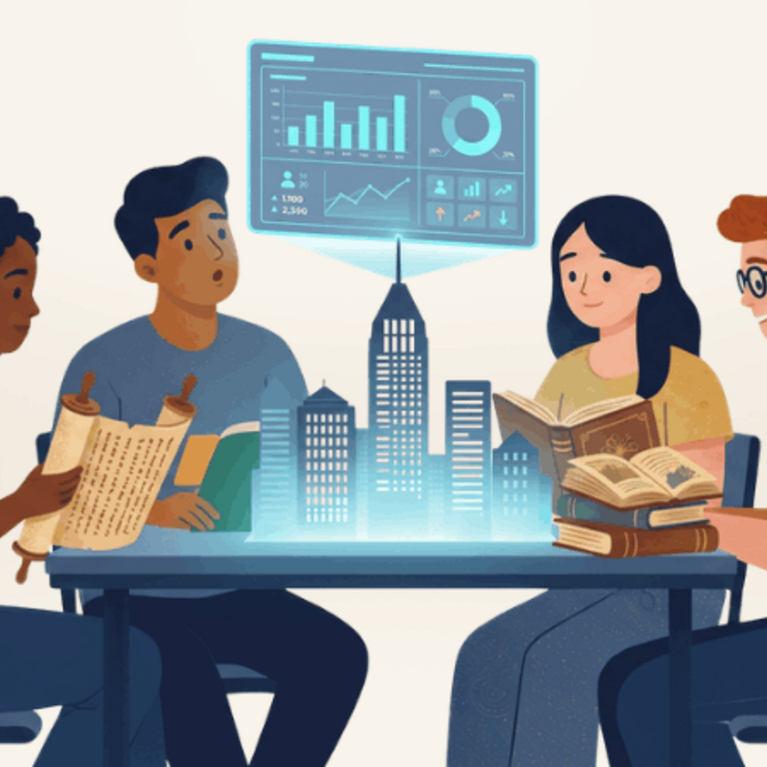 Four diverse students sit around a table with books and a parchment scroll, looking at a glowing blue holographic city rising from the center beneath a floating data dashboard with charts and graphs.
