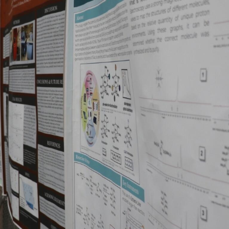 RISE poster exhibit showing a row of posters in Orbach Library