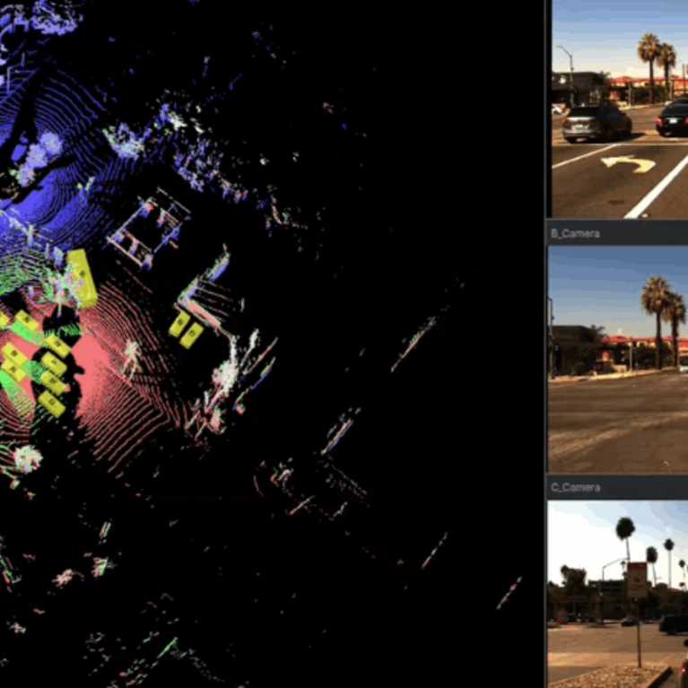 Autonomous vehicle data display showing a 3D LiDAR point cloud bird's-eye map on the left with yellow bounding boxes around detected vehicles. The right column shows street camera feeds paired with corresponding color-coded LiDAR sensor views.