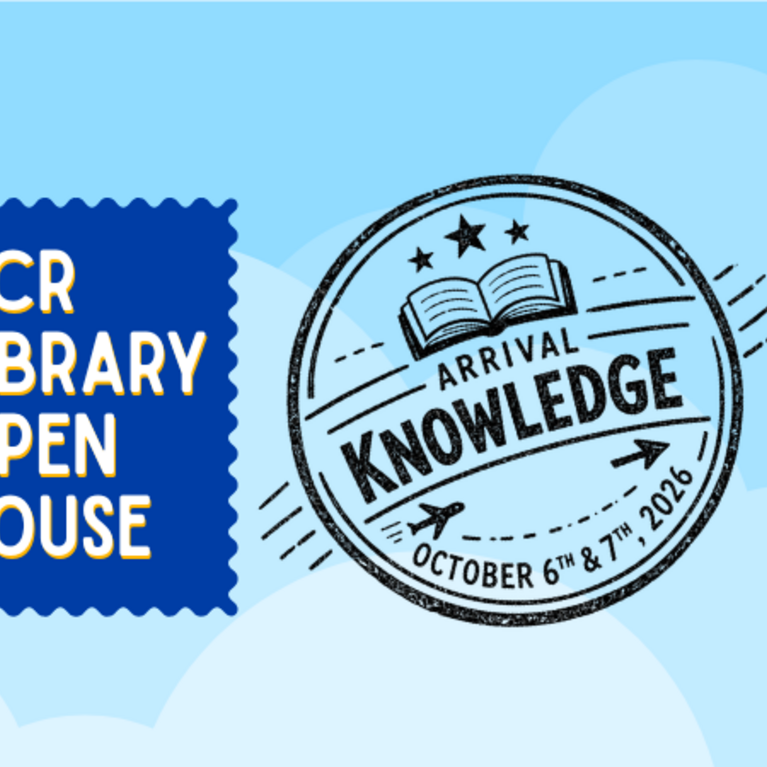 Against a light blue cloudy sky, a blue postage stamp reads UCR Library Open House beside a black circular postmark stamp featuring an open book and airplane icon, reading Arrival Knowledge, October 6th & 7th, 2026.