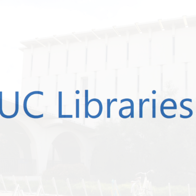 image of UC Libraries logo with a transparent photo of Rivera Library