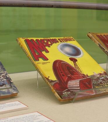 one of two exhibit cases that are featured in the Amazing Stories exhibit in Rivera Library. Various magazines our featured.