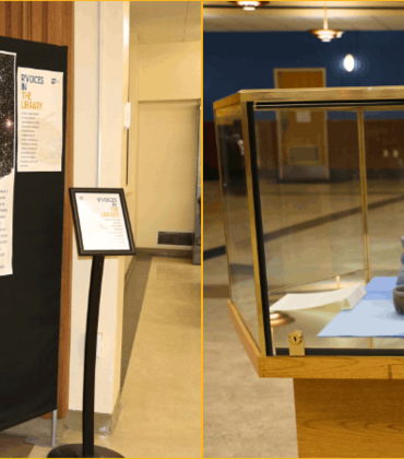 A composite image showcasing the "R'Voices in the Library" rotating exhibit at UCR. The left side shows a black fabric display pillar featuring student artwork and a large narrative poster with space-themed imagery. The right side features a glass display case containing ceramic pottery and a framed sign inviting students to share their stories for future submissions.