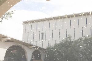 Image of the Rivera Library with snow falling
