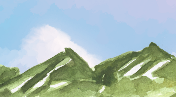 Image of a painted sky and green mountains