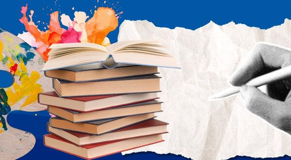 Image of paint and pallet, books, paper, and hand with a pen in it