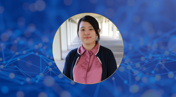 Portrait of Inyoung Shin, AI Research Librarian, wearing a pink collared shirt and black cardigan against a blue background with network connection graphics