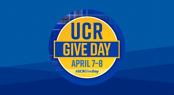 Blue and gold graphic for UCR Give Day, April 7–8, featuring a plaid circular emblem and the hashtag #UCRGiveDay.