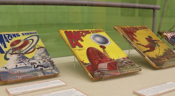 one of two exhibit cases that are featured in the Amazing Stories exhibit in Rivera Library. Various magazines our featured.