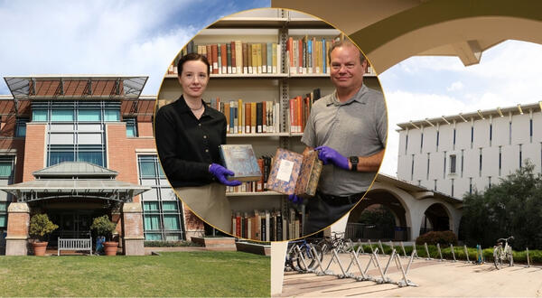 A horizontal banner image featuring three panels. On the left, the red brick exterior of the Orbach Science Library. On the right, the modern white architectural facade of the Rivera Library. In the center, a highlighted inset shows UCR Library’s Christina Bean and EH&S’s Mark Atwood standing in the library stacks. Both are wearing purple nitrile gloves and holding open Victorian-era books with decorative bindings to demonstrate safe handling procedures.