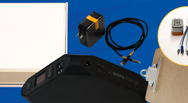 A collage of tech and office equipment available for loan against a blue background. Featured items include an Omnicharge portable power bank, a wall charger, a coiled USB-C cable, a multi-tip charging cable highlighted in a yellow circle, a mobile rolling whiteboard, and a clipboard