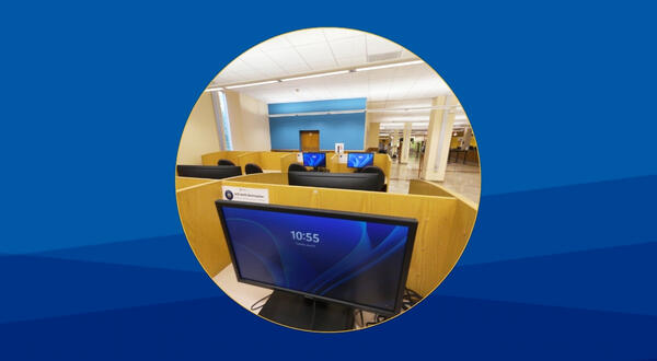 blue backgroung with a circular photo in the middle that features a desktop computer on the first floor of Rivera Library. 
