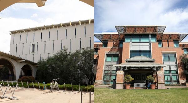 Rivera Librayr pictures from outside on the left and Orbach Library pictures from outside on the right.