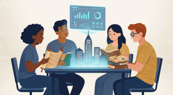 Four diverse students sit around a table with books and a parchment scroll, looking at a glowing blue holographic city rising from the center beneath a floating data dashboard with charts and graphs.