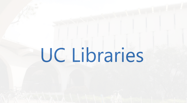 image of UC Libraries logo with a transparent photo of Rivera Library