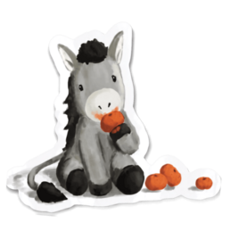 Watercolor illustration sticker of a cute grey baby donkey sitting and eating a small orange, with three additional oranges lying on the ground next to it.