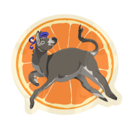 Circular sticker graphic of a grey donkey leaping playfully in front of a sliced orange background, wearing a blue patterned beret.